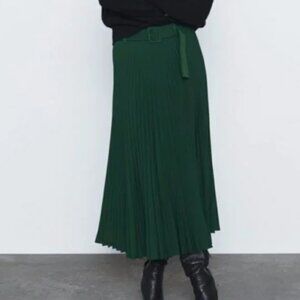 Zara BELTED PLEATED SKIRT-Green- midi skirt